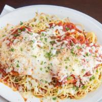 Chicken Parmesan · Our largest dish. Breaded chicken breast, spaghetti, marinara, Parmesan and mozzarella. Serv...