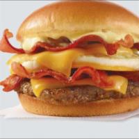 Breakfast Baconator Sandwich (Eggs double Bacon & Sausage patty with Cheese) ·  eggs with sausage and double bacon & Cheese. 