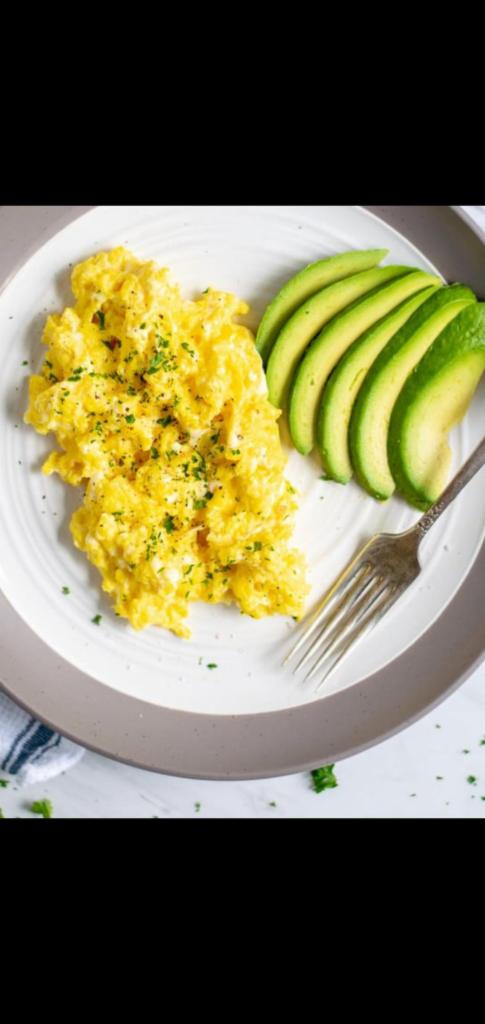 Scrambled Eggs With Half Avocado On A Plate & Side Toast  · Your Choice of eggs and half  avocado on a plate. Add-ons extra. 
