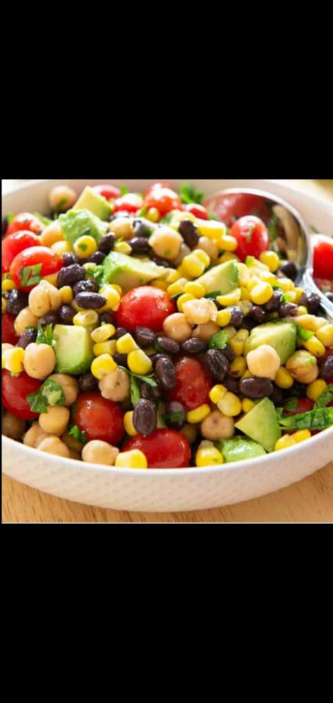  Avocado,Corn,Black Beans Salad (corn avocado black beans chic peas tomatoes lemon juice celantro) ·  corn avocado black beans and chic peas salad. Add-ons extra. 