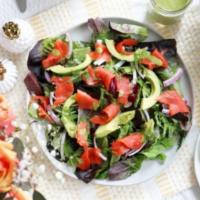 Smoked Salmon Salad Bowl (smoked salmon, avocado, red onions, sliced grape tomatoes, cucumbers, capers and lemon juice) · Smoked Salmon, avocado, red onions, sliced grape tomatoes, cucumbers, lemon juice, capers. C...