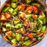 Avocado Salad Bowl (avocado red onions tomatoes cilantro lime olive oil peppers corn cucumber) · Avocado, red onions, tomatoes, cilantro, lime, olive oil,green and red peppers,corn, Cucumbe...