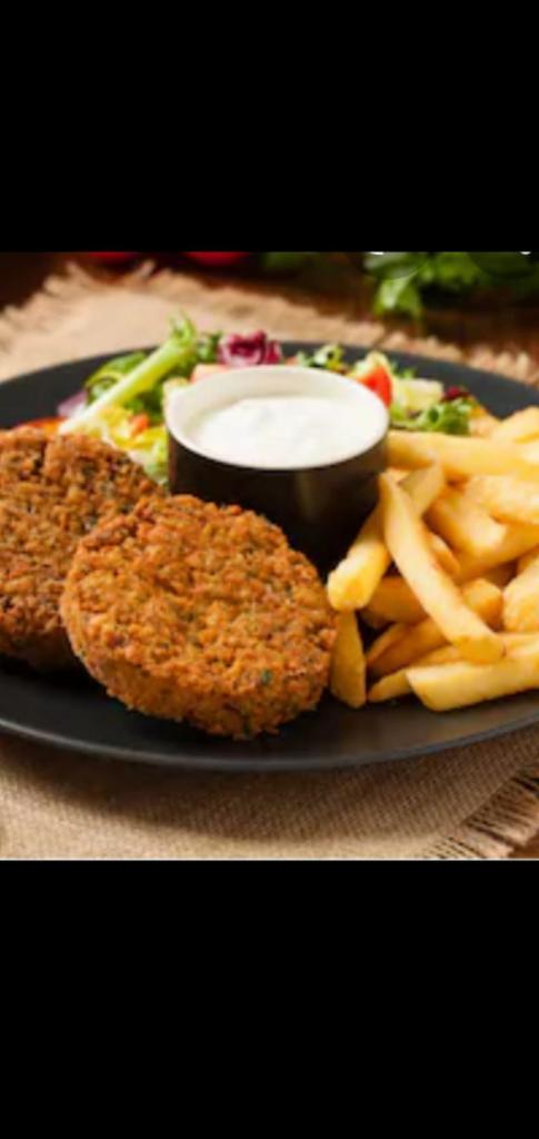 Falafel & Fries  · 4 pieces falafel and fries. Choose your favorite Potatoes. Fries,wedges,onion rings, curly. Choose your favorite dressing. 