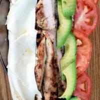 Grilled Chicken Breast With Melted Fresh Mozzarella Cheese Balsamic Vinegar Avocado And Tomatoes Sandwich  · homemade Grilled Chicken Breast, fresh mozzarella Cheese, tomatoes, avocado, balsamic vinega...