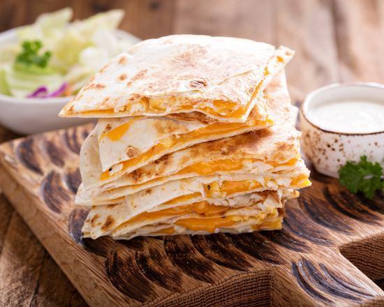 The Cheese Quesadilla · Melted cheese, onion, cilantro and tomatoes stuffed in between a warm wrap served with salsa and sour cream. Add ranch for an additional charge.