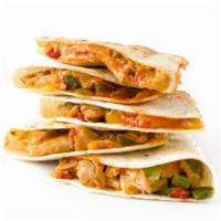 Cajun Chicken Quesadilla · A large handmade flour tortilla stuffed with a blend of melted cheese and pico de gallo. Ser...