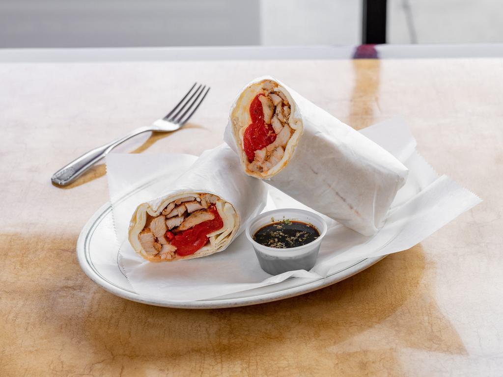 Grilled Chicken Wrap · Lettuce, tomato, fresh mozzarella, roasted peppers.