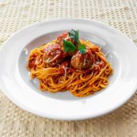 Kids Spaghetti and Meatballs · Beef meatballs with tomato basil sauce over spaghetti