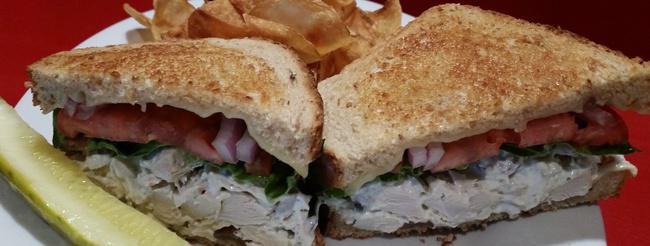 Whiskey Chicken Salad · Chef's homemade chicken salad with a hint of Irish whiskey served on grilled wheat with Swiss cheese & LTO.