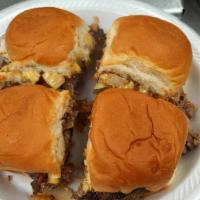 Beef Sliders · 4 sliders with beef, bacon, mayo, cheese, and grilled onions on King Hawaiian rolls.