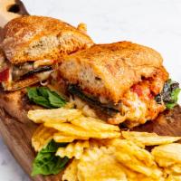 Eggplant Sandwich · herb focaccia, marinara, pesto, fried eggplant, mozzarella