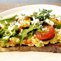 Avocado Open Toast Sandwich · multigrain, avocado, roasted bell peppers, mayo, cherry tomatoes, baby arugula, feta cheese,...