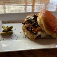 Slim Burger · Blended Chuck, Brisket,Short Rib Meat Patty Severed with Havarti Cheese and a  Black Mushroo...