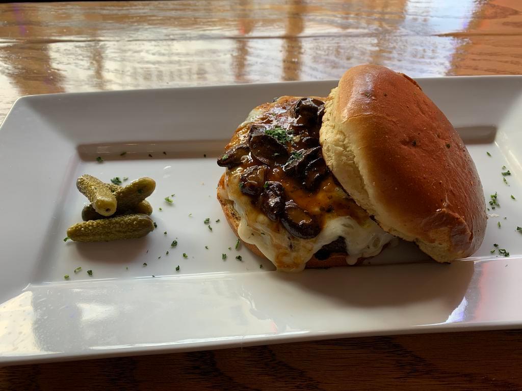 Slim Burger · Blended Chuck, Brisket,Short Rib Meat Patty Severed with Havarti Cheese and a  Black Mushroom Sauce
