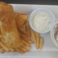 Fish and Chips  · 2 pieces of beer battered cod served with coleslaw, fries, and tartar sauce.
