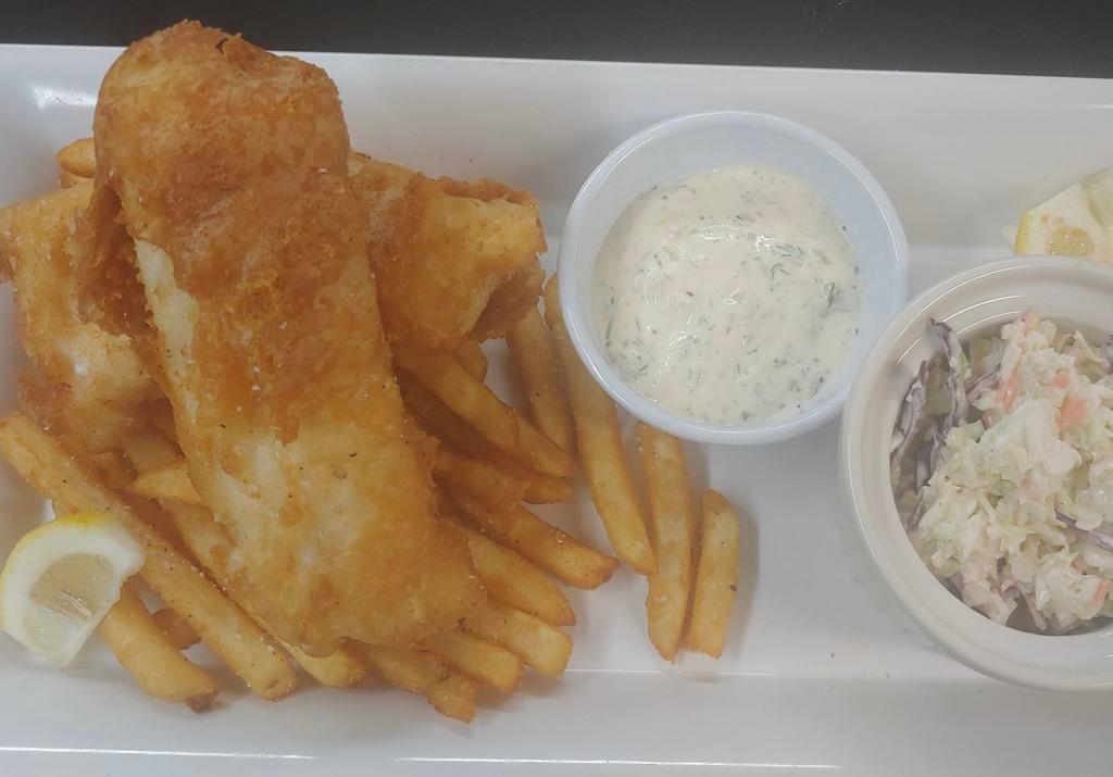 Fish and Chips  · 2 pieces of beer battered cod served with coleslaw, fries, and tartar sauce.