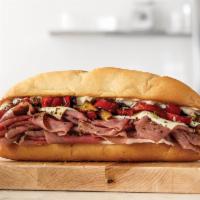 Fire-Roasted Philly Roast Beef Sandwich · Thinly sliced roast beef with melted Swiss cheese, fire-roasted sweet red and yellow peppers...