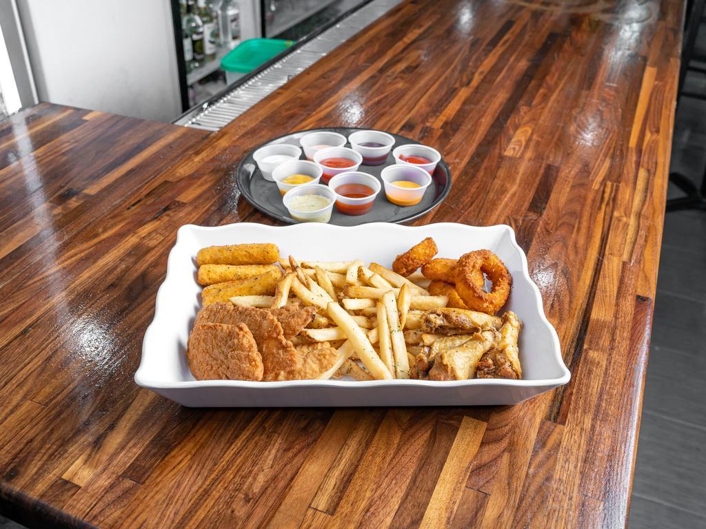 King Platter · Wings, chicken tenders, mozzarella sticks, onion rings, and french fries. 