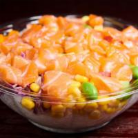 Paradise Salmon Bowl · White sushi rice, salmon, avocado, cucumbers, edamame and red onion   Sauce: Spicy mayo, swe...