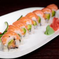 Salmon Lover Roll · Spicy salmon, avocado and crunch inside topped with salmon.