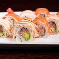 Japanese Roll · Spicy tuna, avocado, cucumber topped with salmon and kani.