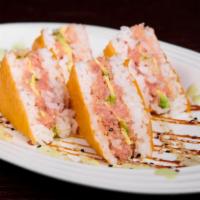 Special Sandwich Roll · Spicy tuna, crunch, sandwiched with salmon and avocado.
(Comes with 4 Triangles) 