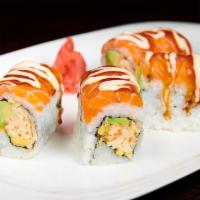 KGH Roll · Spicy kani, avocado and mango topped with salmon, spicy mayo and sweet sauce.