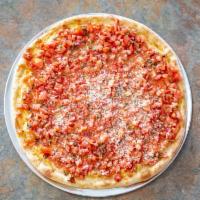 Bruschetta Pizza · Chopped tomatoes, red onions, garlic, tomato sauce, mozzarella cheese.