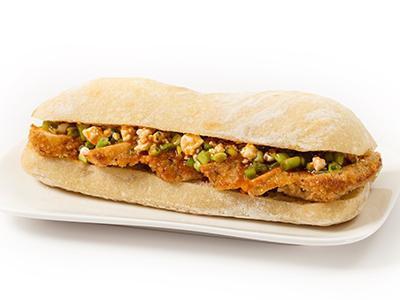 Buffalo Chicken · crispy chicken, blue cheese, scallions, buffalo sauce on pesto bread