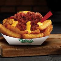 Chili Cheese Fries · Nathan's famous crinkle cut fries topped with melted cheddar cheese and our delicious chili