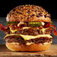 New York Attitude Burger · Two or One, 8 Oz Fresh Angus Beef Patties with Bacon, Crunchy Pickle Chips, Caramelized Onio...