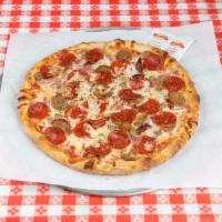 Meat Lover's Pizza · Pepperoni, sausage, ham, meatball, hamburger meat, bacon and mozzarella. Pizza is hand tosse...