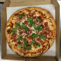 BBQ Chicken Pizza · BBQ chicken, cilantro, onions and mozzarella cheese. Pizza is hand tossed and cooked in a br...