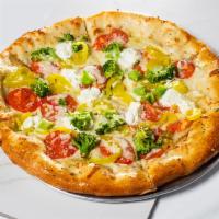 Bianca Italiana Pizza · Broccoli, tomatoes, garlic, banana peppers, ricotta cheese and mozzarella cheese.