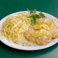 Chicken Francese  · Boneless chicken breast dipped in eggs in a white wine and lemon sauce.