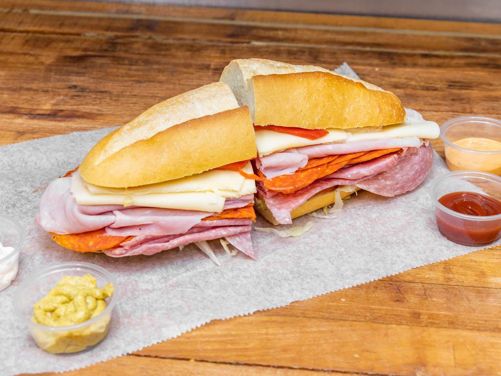 2. The Real Italian Sandwich · Ham cappy, Genoa salami, pepperoni, provolone cheese, lettuce, tomato, roasted peppers, oil & vinegar.
On Roll, slice bread or bagel.
