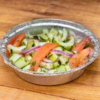 house green mix salad  · cucumber ,tomatoes ,red onions parsley and more ..
with a side Roll, slice of bread or bagel...