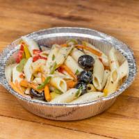 olive pasta mix salad platter · green and black olives mixed with freshly made pasta and other vegetables and vegetable oil .