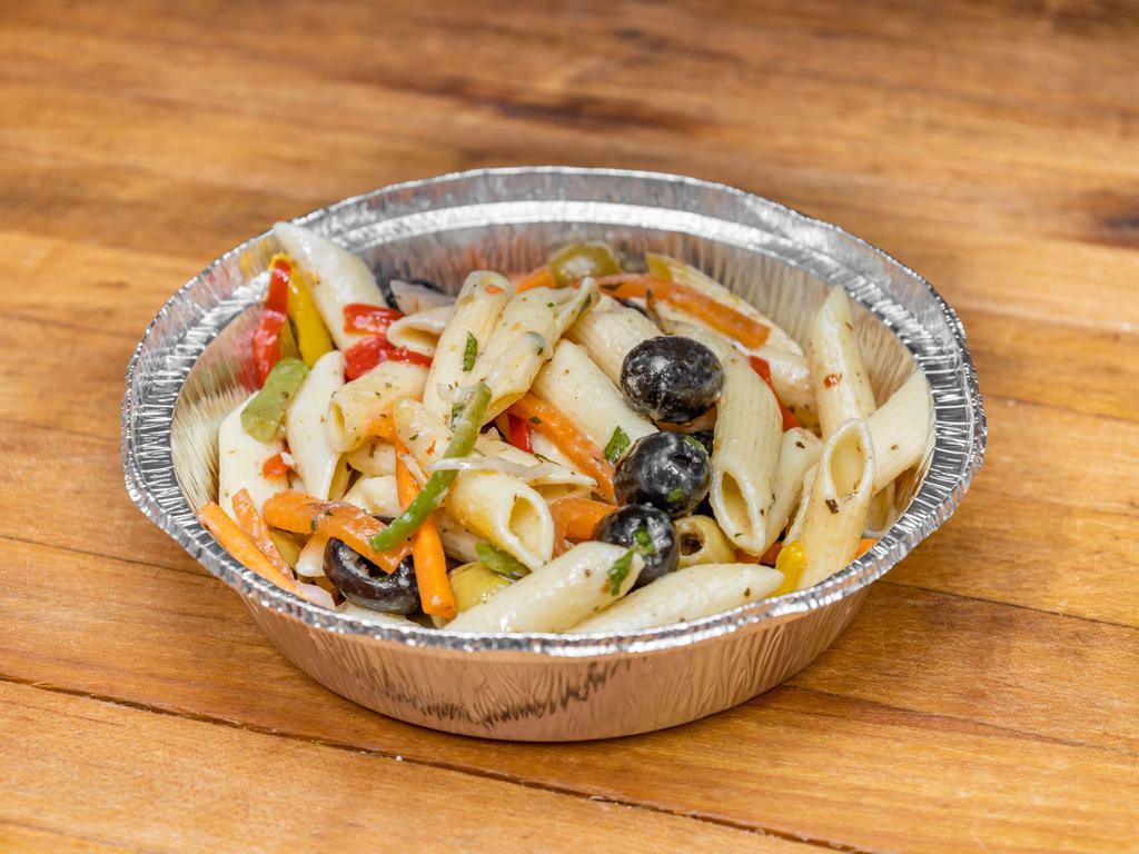 olive pasta mix salad platter · green and black olives mixed with freshly made pasta and other vegetables and vegetable oil .