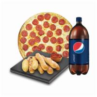 Combo 1 · Pepperoni or cheese pizza, garlic bread and 2 liter soda.