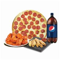 Combo 3 · Pepperoni or cheese pizza, chicken wings, garlic bread and 2 liter soda.