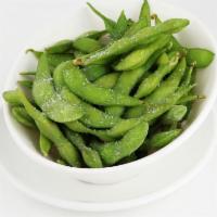 Edamame · Steamed soy beans tossed in sea salt. A healthy and delicious snack.