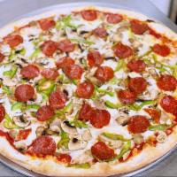 King Louie · House specialty. Pepperoni, sausage, meatballs, peppers, onions & mushrooms