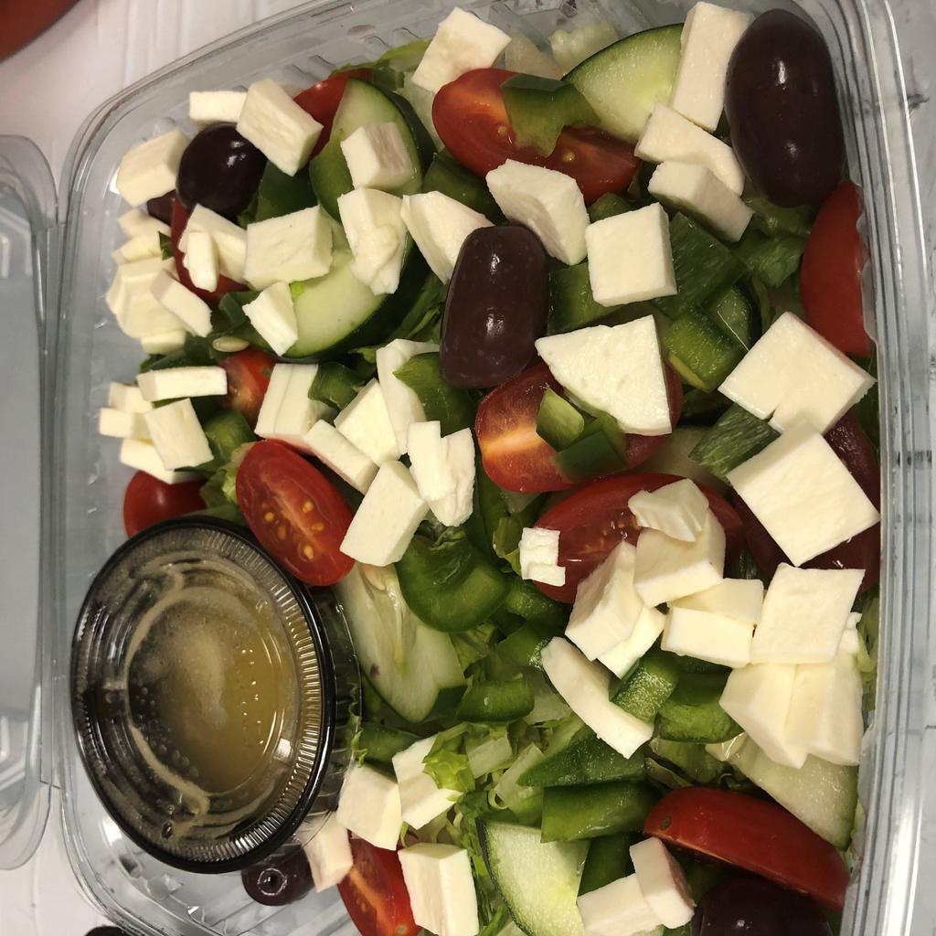 House Salad · Romaine lettuce, kalamata olives, green peppers, red onions, cherry tomatoes, cucumbers and chunks of feta cheese, with our in-house balsamic vinaigrette dressing.