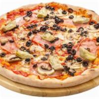 Quattro Stagione Pizza · Tomato sauce, fresh grated mozzarella, portabello and porcini mushrooms, prosciutto, olives ...