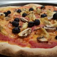 Capricciosa Pizza · Tomato sauce, fresh grated mozzarella, portabello and porcini mushrooms, prosciutto, articho...