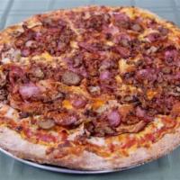 Carnivore Pizza · Tomato sauce, fresh mozzarella, roasted chicken italian sausage, pepperoni, salami, prosciut...