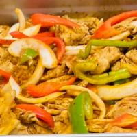 Chicken fajitas  · Chicken breast with Caribbean sazón, onion and peppers accompanied with 3 tortillas and guac...