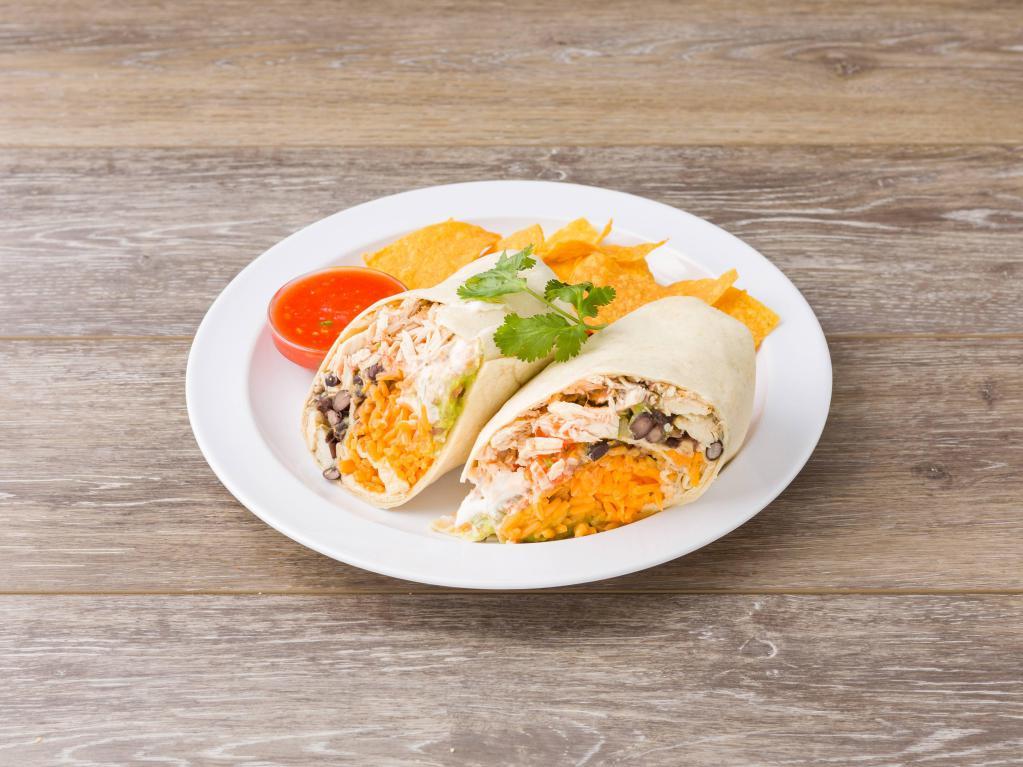 Grilled Chicken Burrito · Chicken, rice, beans, cheese, guacamole, sour cream and salsa. Wrapped in a 12