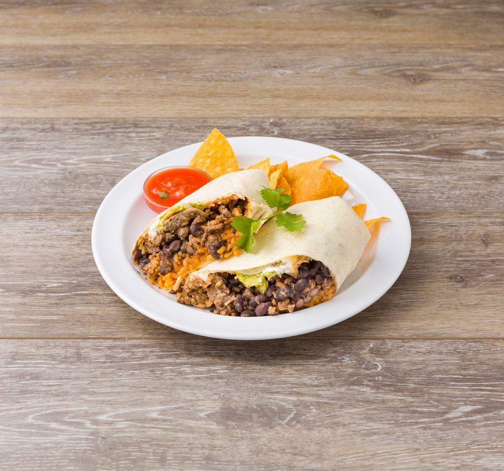Grilled Steak Burrito · Steak, rice, beans, cheese, guacamole, sour cream and salsa. Wrapped in a 12